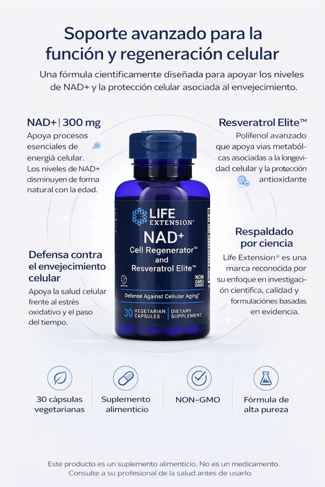 NAD+ 300mg Regenerador Celular y Resveratrol (30 veg caps), Life Extension