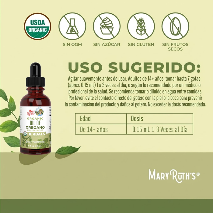 Aceite de Orégano Orgánico, Liquido 30 ml (1 fl oz), MaryRuth's