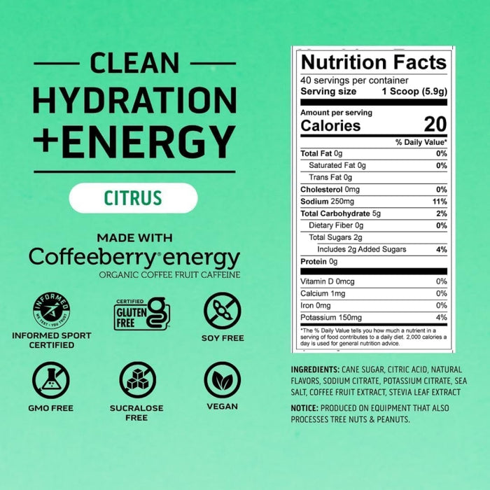 Electrolitos Clean de Hidratacion + Energía Sabor Cítrico (8.32 oz 232 g), Ascent