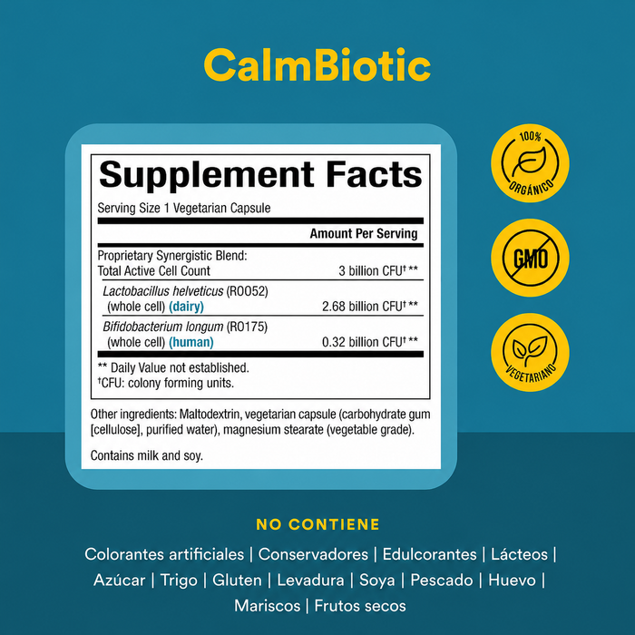 Probiotico para el Estres CalmBiotic® 3 Billones (30 vcap), Natural Factors