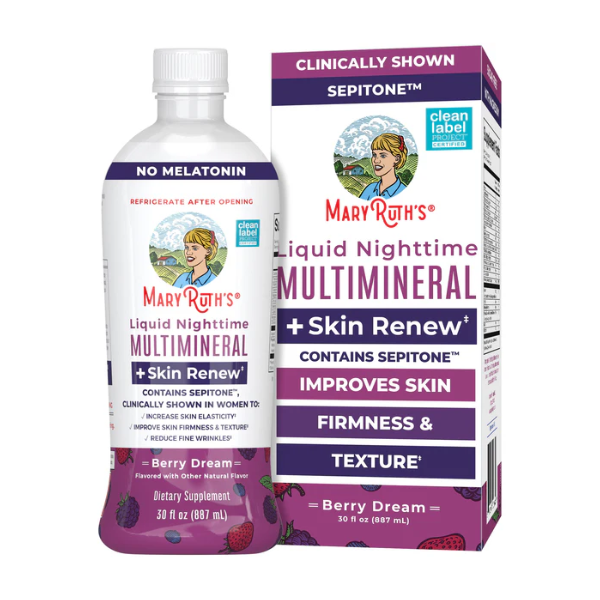 Multimineral Nocturno + Renovacion de Piel Sabor Frutos Rojos, Liquido (30 fl oz 887 ml), Mary Ruth's