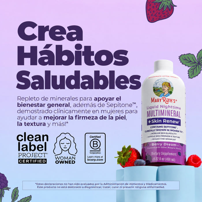 Multimineral Nocturno + Renovacion de Piel Sabor Frutos Rojos, Liquido 887 ml (30 fl oz), Mary Ruth's
