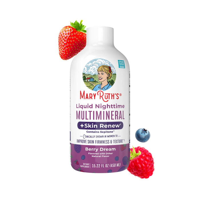 Multimineral Nocturno + Renovacion de Piel Sabor Frutos Rojos, Liquido 450 ml (15.22 fl oz), Mary Ruth's