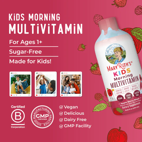 Multivitaminico Matutino para Niños Sabor Manzana y Frutos Rojos, Liquido 450 ml (15.22 fl oz), Mary Ruth's