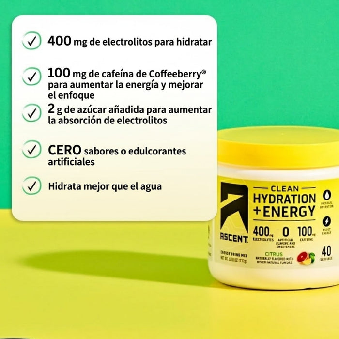 Electrolitos Clean de Hidratacion + Energía Sabor Cítrico (8.32 oz 232 g), Ascent