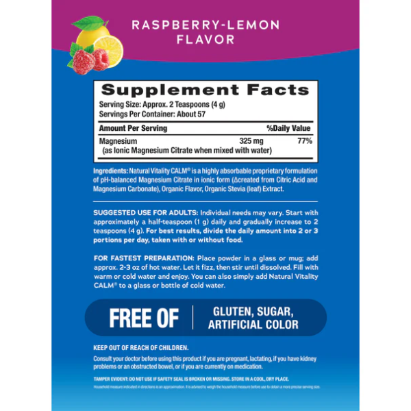 CALM Citrato de Magnesio Sabor Limonada de Frambuesa (227 g), Natural Vitality