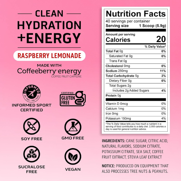 Electrolitos Clean de Hidratacion + Energía Sabor Frambuesa Limonada (8.32 oz 236 g), Ascent