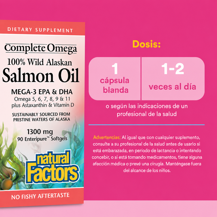 Omega Completo 100% Aceite de Salmon Salvaje de Alaska 1,300 mg Enteripure® (90 softgels), Natural Factors