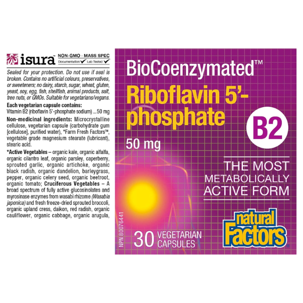 Riboflavin 5'-phosphate 50 mg BioCoenzymated® (30 vcap), Natural Factors