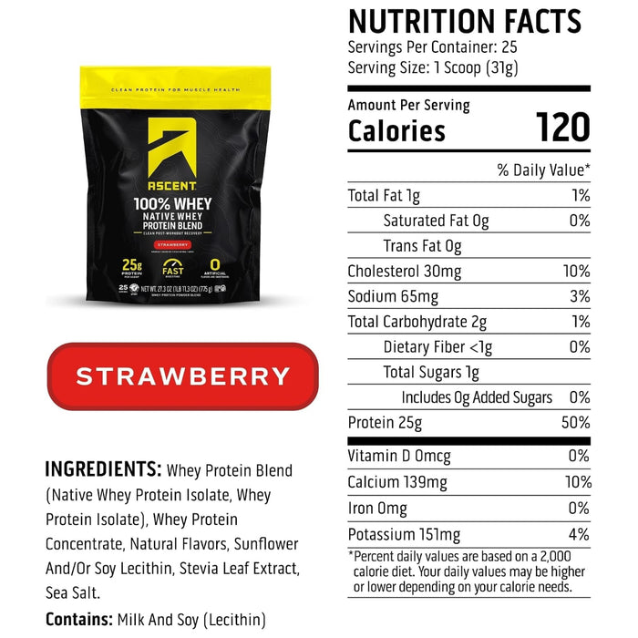 Proteína de Whey Sabor Fresa 775 g (27.3 oz), Ascent