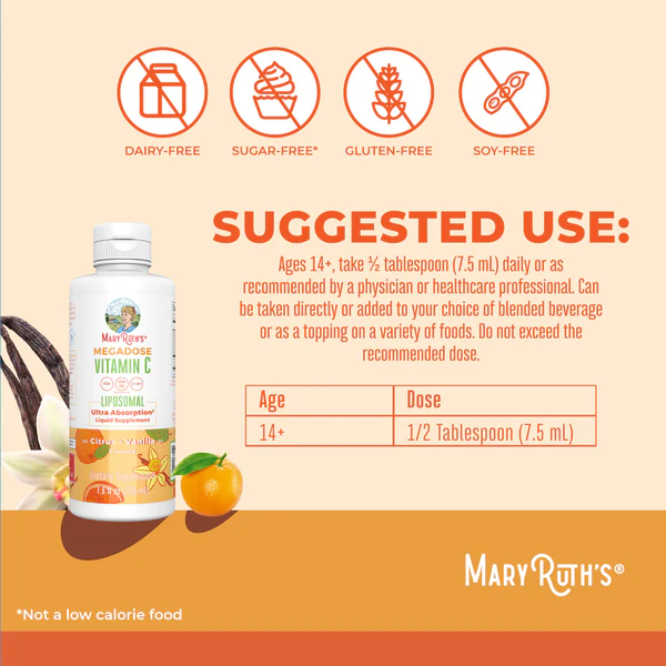 Vitamina C Liposomal Sabor Naranja y Vainilla, Liquido 225 ml (7.6 fl oz), Mary Ruth's