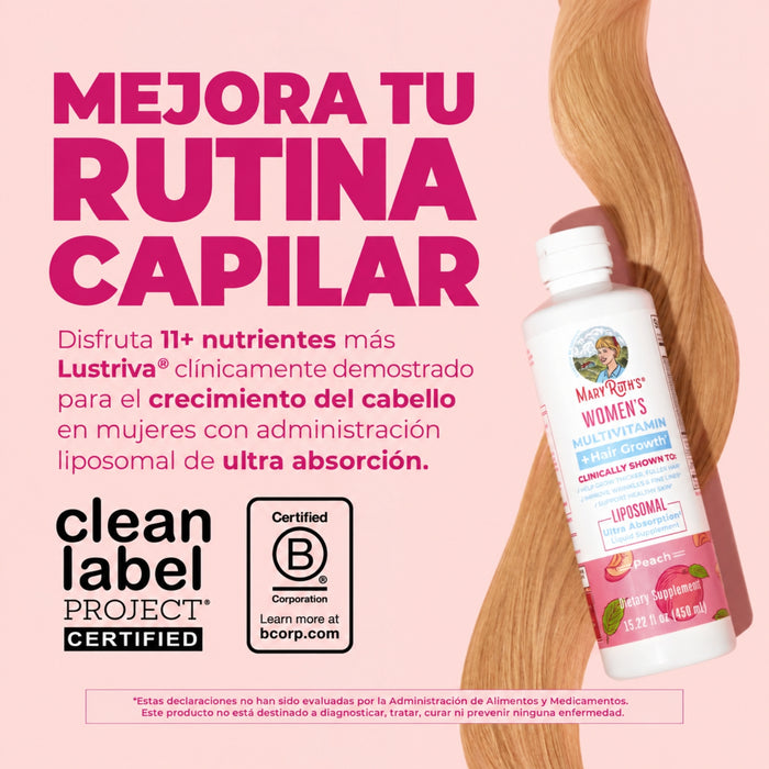 Multivitaminico + Lustriva Crecimiento del Cabello para Mujer Sabor Durazno, Liposomal 450 ml (15 fl oz), Mary Ruth's
