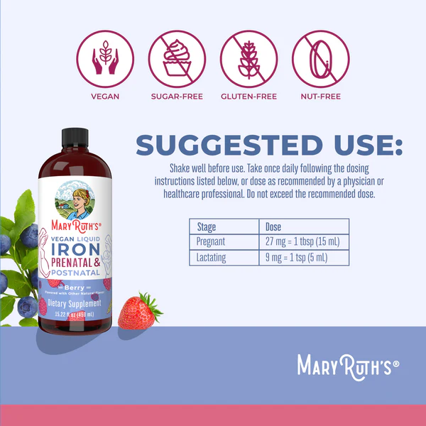 Hierro Prenatal y Posnatal Sabor Frutos Rojos, Liquido (15.22 fl oz 450 ml), Mary Ruth's