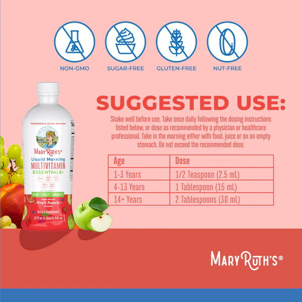 Multivitaminico Matutino Sabor Ponche de Frutas sin Azucar, Liquido 946 ml (32 fl oz), Mary Ruth's
