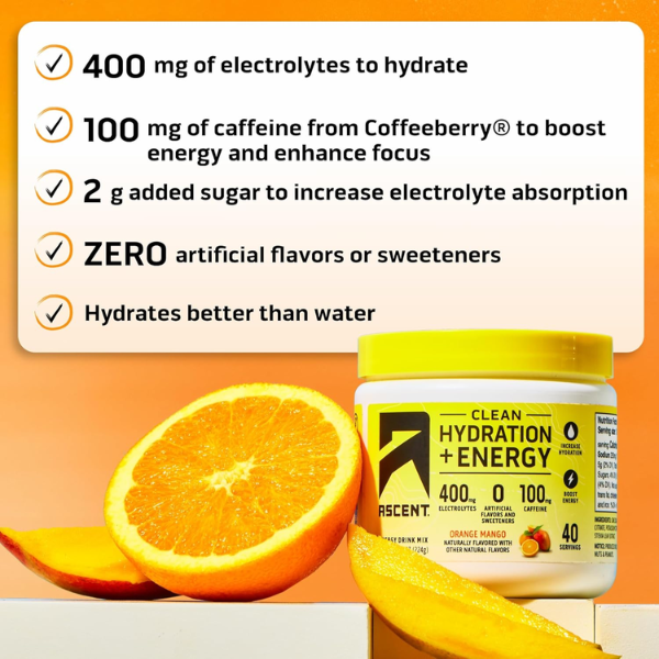 Electrolitos Clean de Hidratacion + Energía Sabor Naranja-Mango (8.32 oz 236 g), Ascent