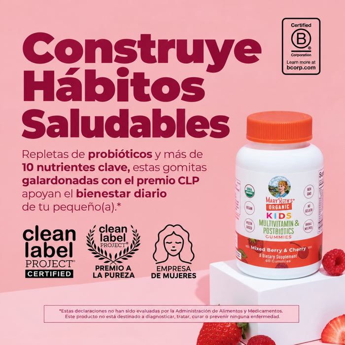 Multivitaminico Organico + Postbioticas para Niños sabor fresa.(60 gomitas), Mary Ruth´s