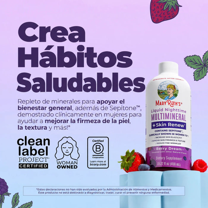 Multimineral Nocturno + Renovacion de Piel Sabor Frutos Rojos, Liquido 450 ml (15.22 fl oz), Mary Ruth's