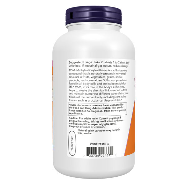 MSM 1,500 mg para la Salud de Articulaciones y Cartílagos (200 tabletas) | NOW