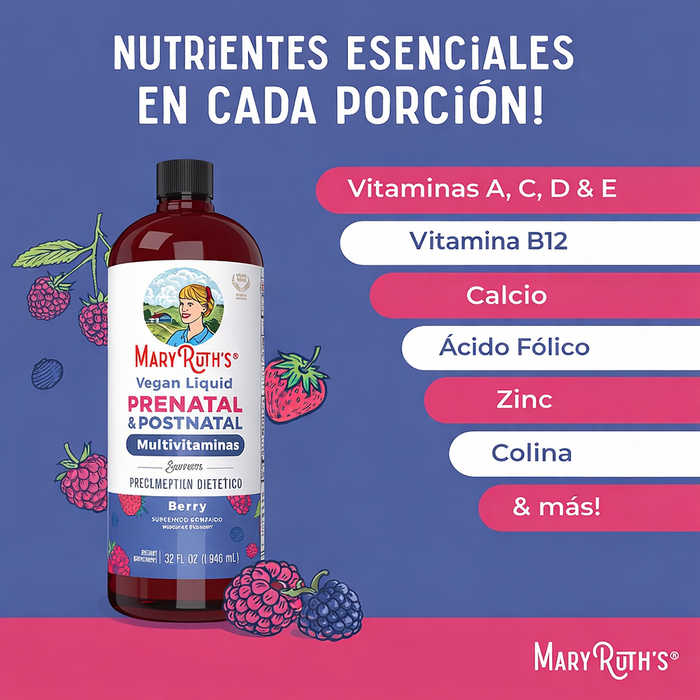 Multivitaminico Prenatal y Postnatal Sabor Frutos Rojos, Liquido 946 ml (32 fl oz), Mary Ruth´s
