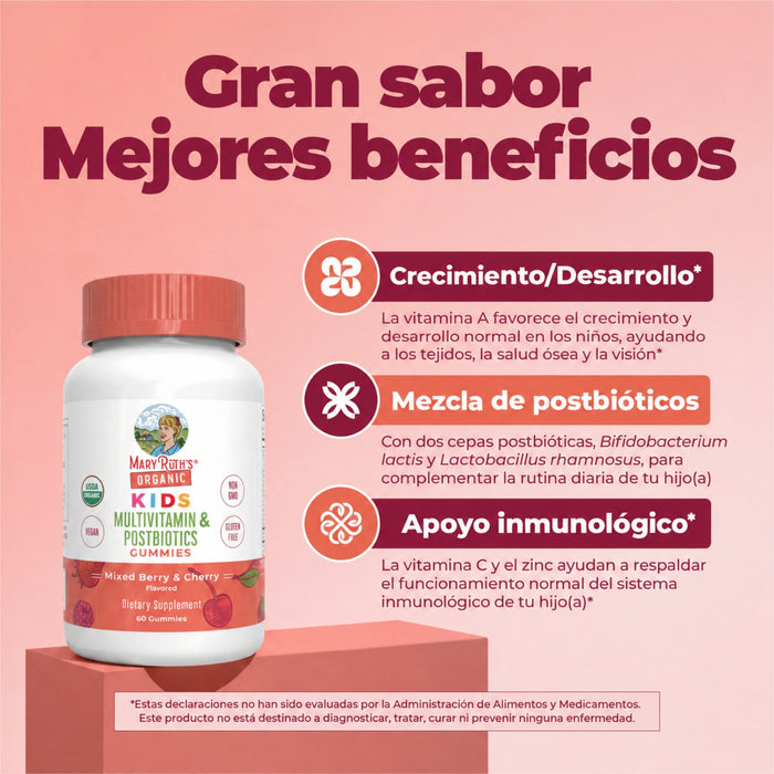 Multivitaminico Organico + Postbioticas para Niños sabor fresa.(60 gomitas), Mary Ruth´s