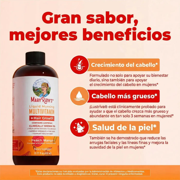Multivitaminico Matutino + Crecimiento del Cabello Sabor Durazno-Mango, Liquido 450 ml (15.22 fl oz), Mary Ruth´s