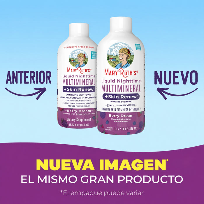 Multimineral Nocturno + Renovacion de Piel Sabor Frutos Rojos, Liquido 450 ml (15.22 fl oz), Mary Ruth's