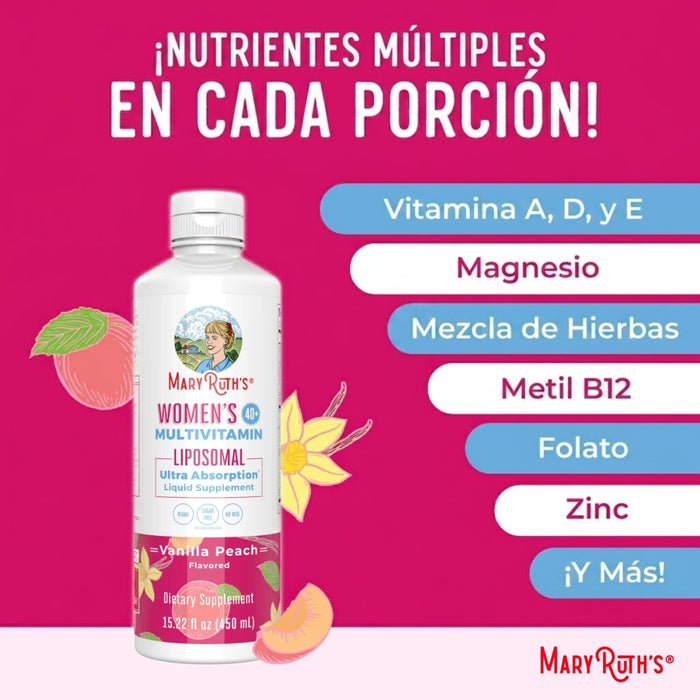 Multivitamínico Liposomal para la Salud Energética de la Mujer 40+ Sabor Vainilla Melocotón, Líquido 450 ml | Mary Ruth's
