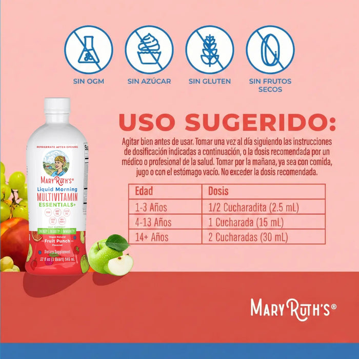 Multivitaminico Matutino Sabor Ponche de Frutas sin Azucar, Liquido 946 ml (32 fl oz), Mary Ruth's