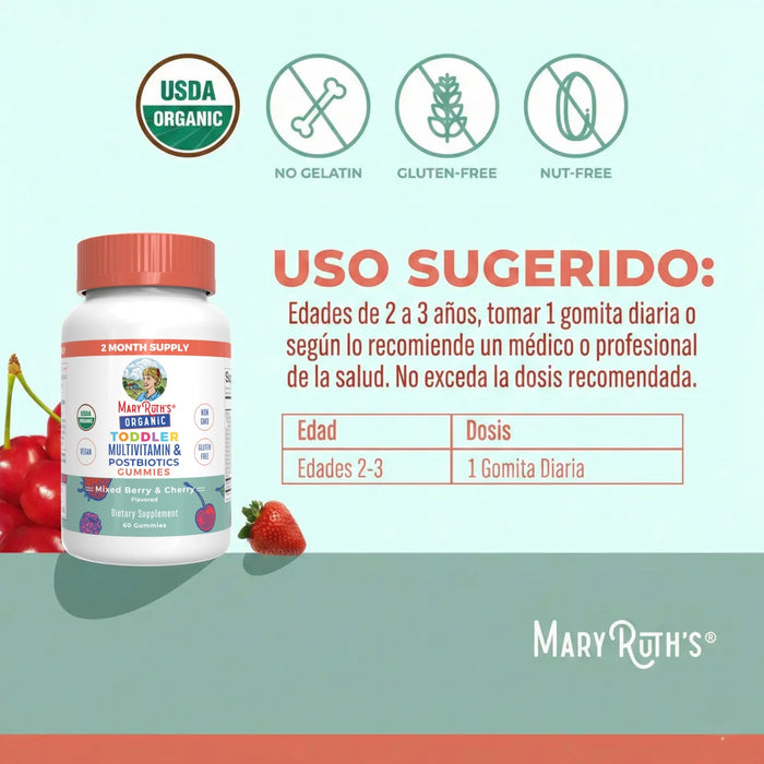 Multivitaminico y Postbiotico para Niños, Sabor Moras y Cereza (60 gomitas), Mary Ruth´s