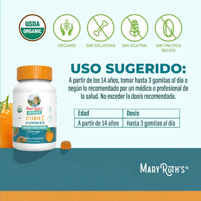 Vitamina C Organica Para Niños Sabor Naranja (60 gomitas), Mary Ruth´s