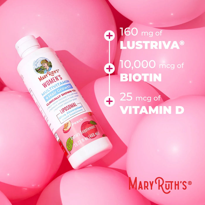 Multivitaminico + Lustriva Crecimiento del Cabello para Mujer Sabor Durazno, Liposomal 450 ml (15 fl oz), Mary Ruth's