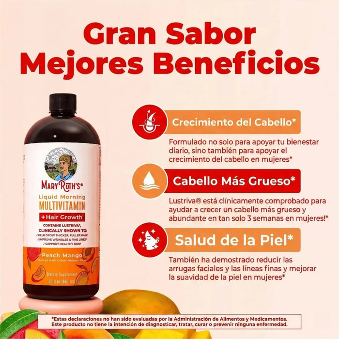 Multivitaminico Matutino + Crecimiento del Cabello Sabor Durazno-Mango, Liquido 887 ml (30 fl oz), Mary Ruth's