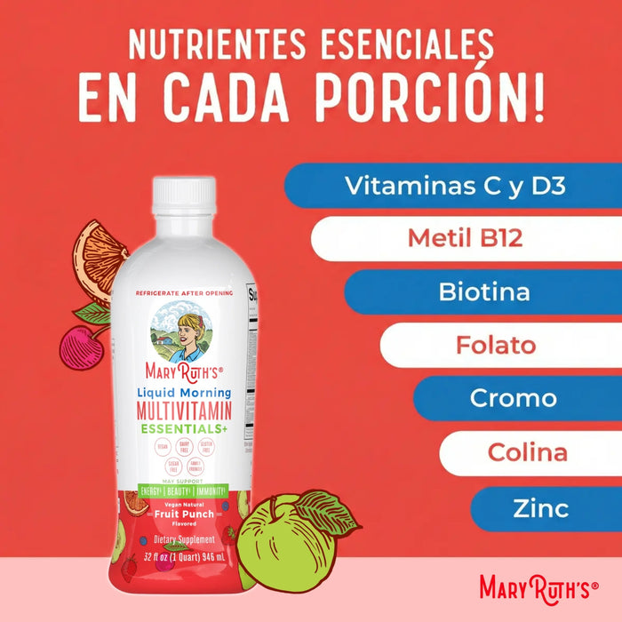 Multivitaminico Matutino Sabor Ponche de Frutas sin Azucar, Liquido 946 ml (32 fl oz), Mary Ruth's