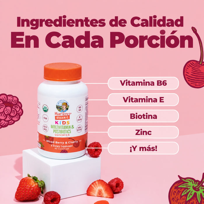 Multivitaminico Organico + Postbioticas para Niños sabor fresa.(60 gomitas), Mary Ruth´s