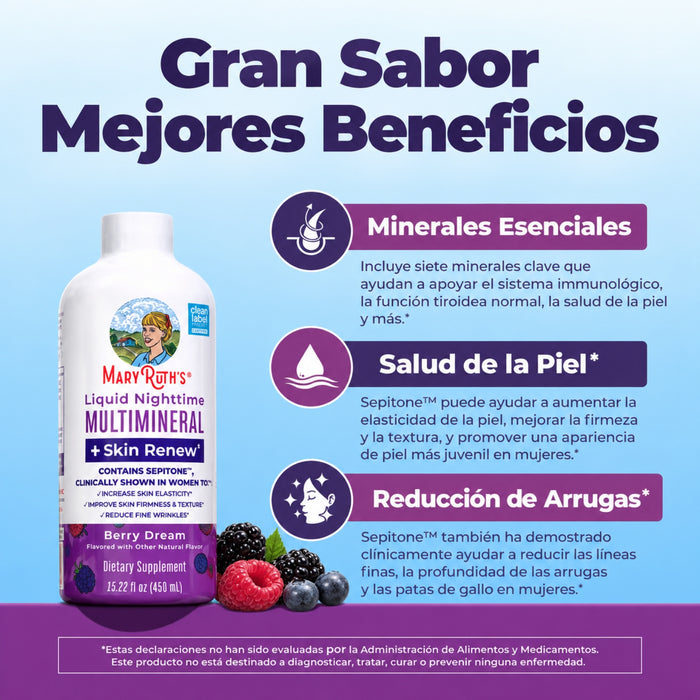 Multimineral Nocturno + Renovacion de Piel Sabor Frutos Rojos, Liquido 450 ml (15.22 fl oz), Mary Ruth's