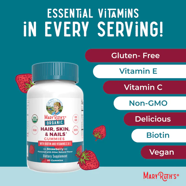 Cabello Piel y Uñas Sabor Fresa (60 gomitas), Mary Ruth's