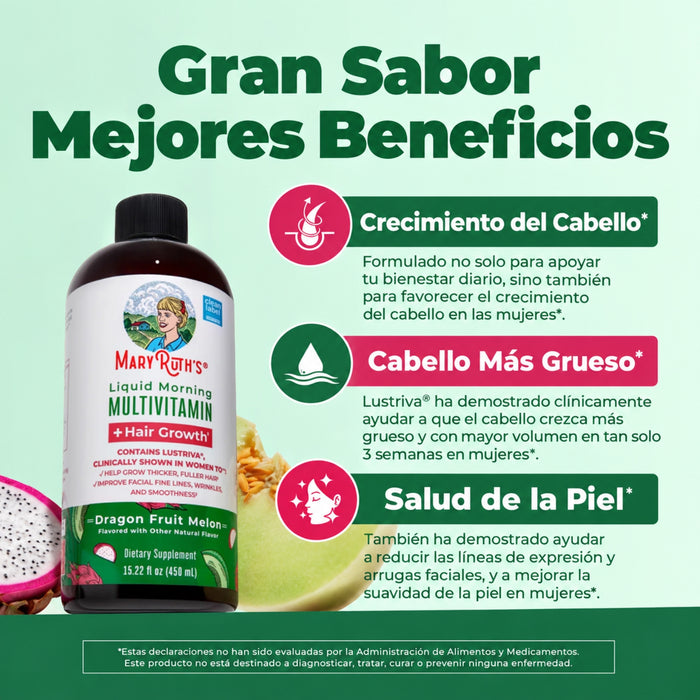 Multivitaminico Matutino + Crecimiento del Cabello Sabor Pitaya-Melon, Liquido 450 ml (15.22 fl oz), Mary Ruth's