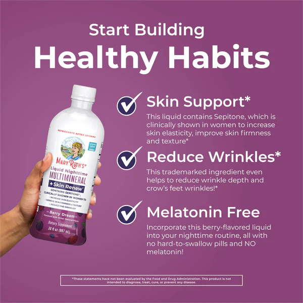 Multimineral Nocturno + Renovacion de Piel Sabor Frutos Rojos, Liquido (30 fl oz 887 ml), Mary Ruth's