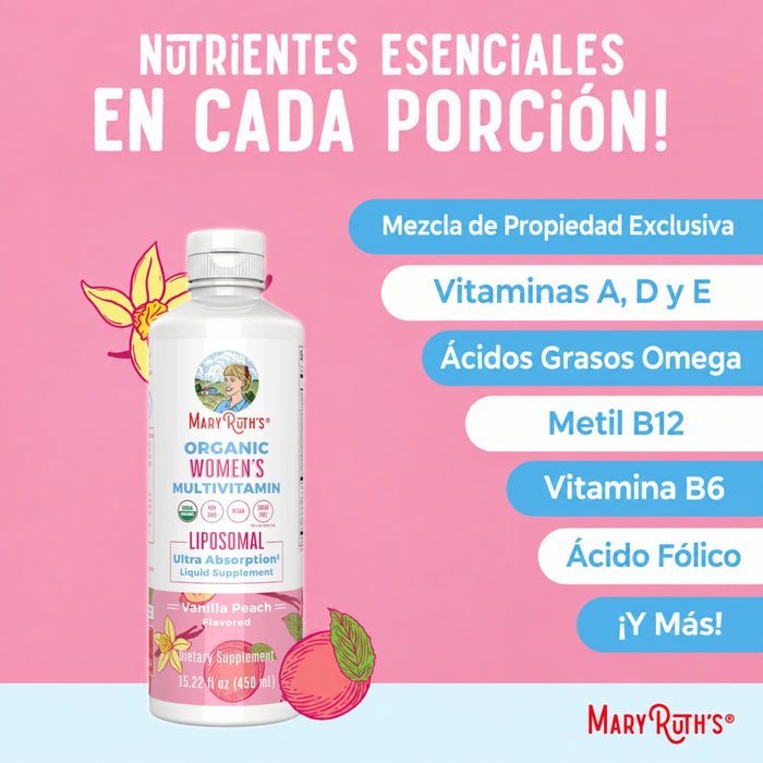 Multivitaminico Liposomal Organico para Mujeres Sabor Vainilla Durazno 450 ml (15.22 fl oz), Mary Ruth's