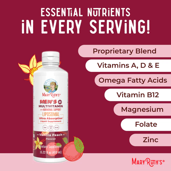 Multivitaminico Liposomal 40+ para Hombres Sabor Vainilla Durazno, Liquido 450 ml (15.22 fl oz), Mary Ruth's
