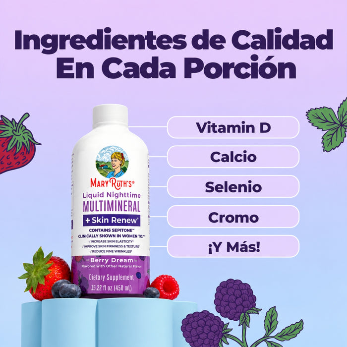 Multimineral Nocturno + Renovacion de Piel Sabor Frutos Rojos, Liquido 450 ml (15.22 fl oz), Mary Ruth's
