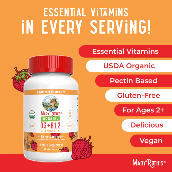 D3+B12 Organico Sabor Fresa (60 Gomitas), Mary Ruth´s