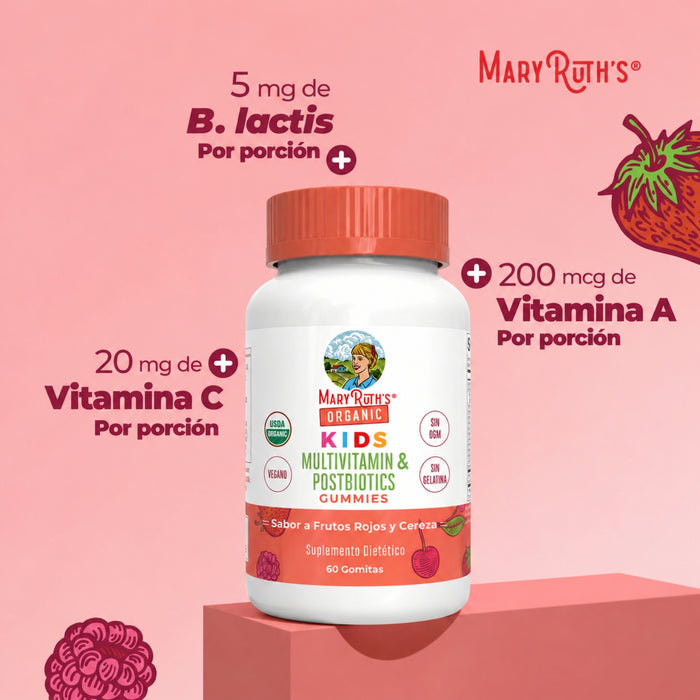 Multivitaminico Organico + Postbioticas para Niños sabor fresa.(60 gomitas), Mary Ruth´s