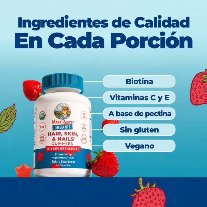 Salud del Cabello, Piel y Uñas Sabor Fresa (60 gomitas) | Mary Ruth's