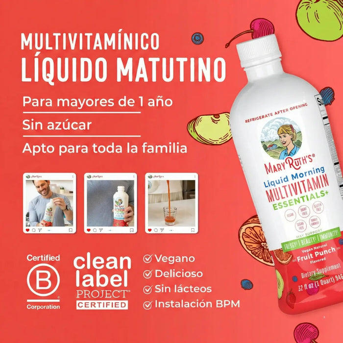 Multivitaminico Matutino Sabor Ponche de Frutas sin Azucar, Liquido 946 ml (32 fl oz), Mary Ruth's