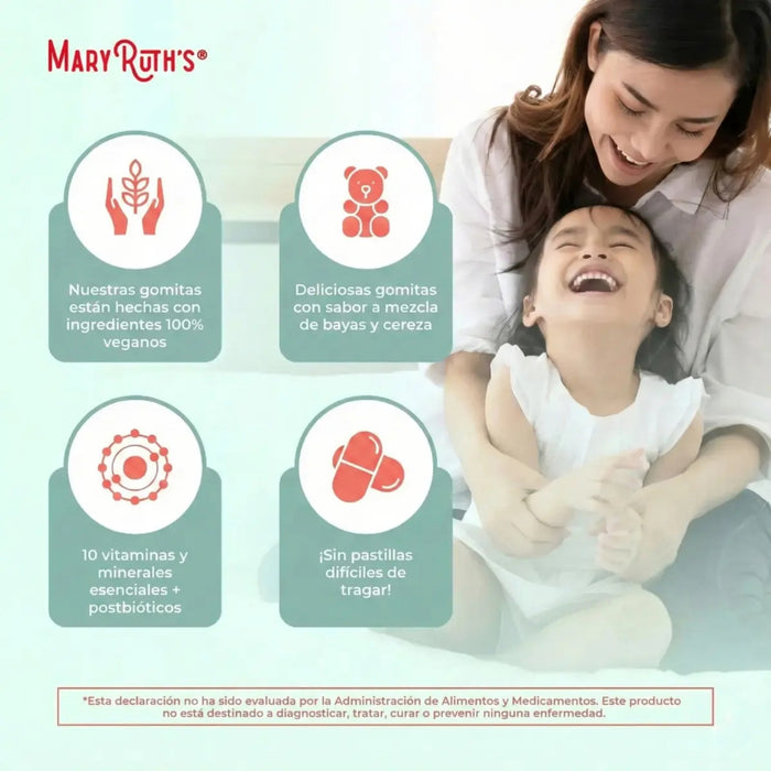 Multivitaminico y Postbiotico para Niños, Sabor Moras y Cereza (60 gomitas), Mary Ruth´s