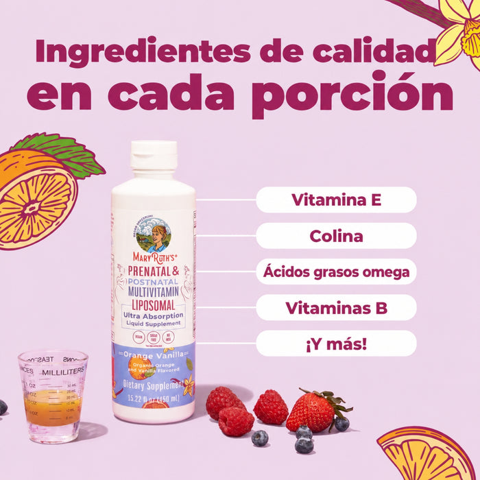 Multivitaminico Liposomal Prenatal y Postnatal Sabor Naranja Vainilla, Liposomal 450 ml (15.22 fl oz), Mary Ruth's