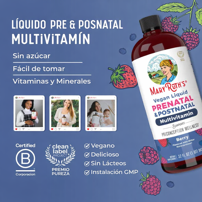 Multivitaminico Prenatal y Postnatal Sabor Frutos Rojos, Liquido 946 ml (32 fl oz), Mary Ruth´s
