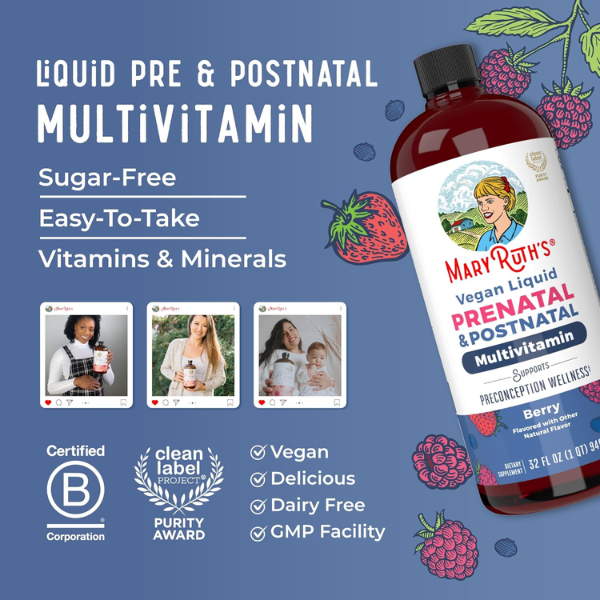 Multivitaminico Prenatal y Postnatal Sabor Frutos Rojos, Liquido 946 ml (32 fl oz), Mary Ruth´s