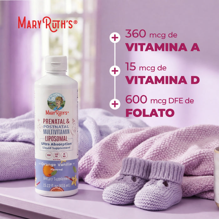 Multivitaminico Liposomal Prenatal y Postnatal Sabor Naranja Vainilla, Liposomal 450 ml (15.22 fl oz), Mary Ruth's